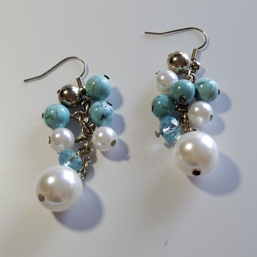 Silver Tone Turquoise And Faux Pearl Dangling Earrings